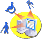 Accessibility logo with computer, blind, wheelchair and deaf logos