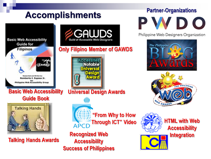 Photo-collage of PWAG's List of Accomplishments including partner-organizations