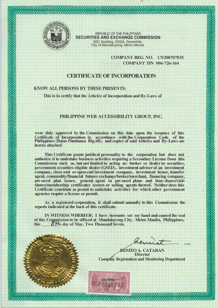 PWAG Original Securities and Exchange Commission Certificate