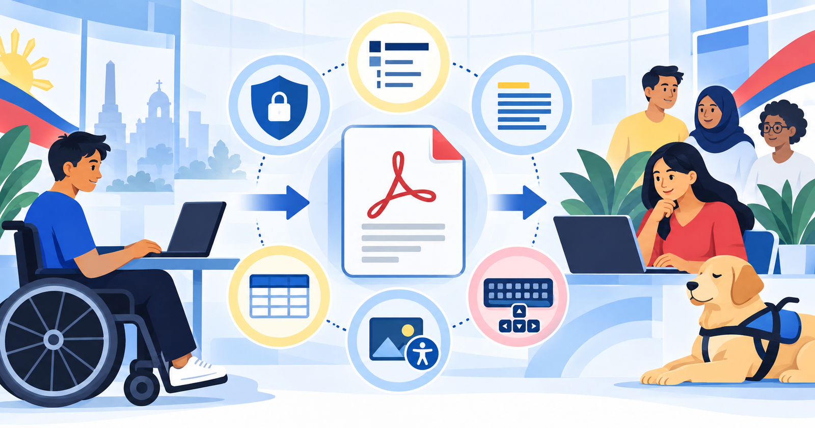 Illustration of a PDF moving through checks for privacy, document structure, readable text, tables, alternative text and keyboard access before human review, with Filipino users of accessible technology on both sides. Image caption: Check PDF Accessibility combines a private browser audit, automated PDF preparation and a clear path to human review.